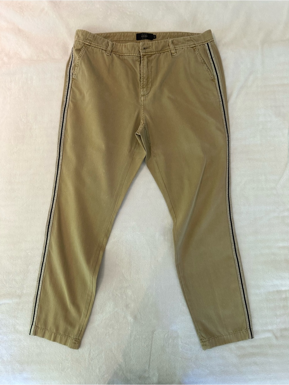 J Crew - women’s 12T - tan chino with metallic tuxedo side stripe